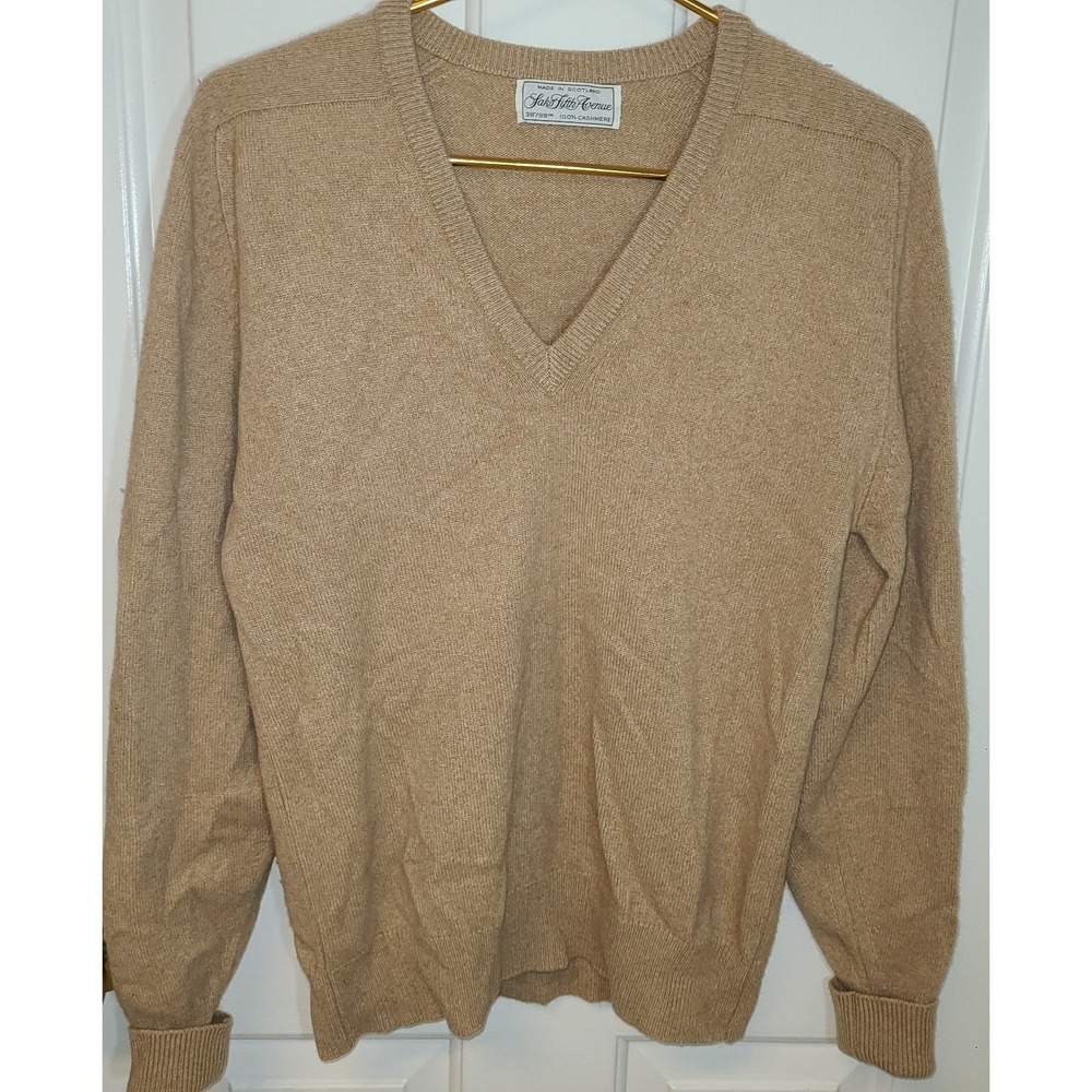 Fifth Avenue Men's 100% cashmere V-neck sweater SCOTLAND taupe cuff sleeves